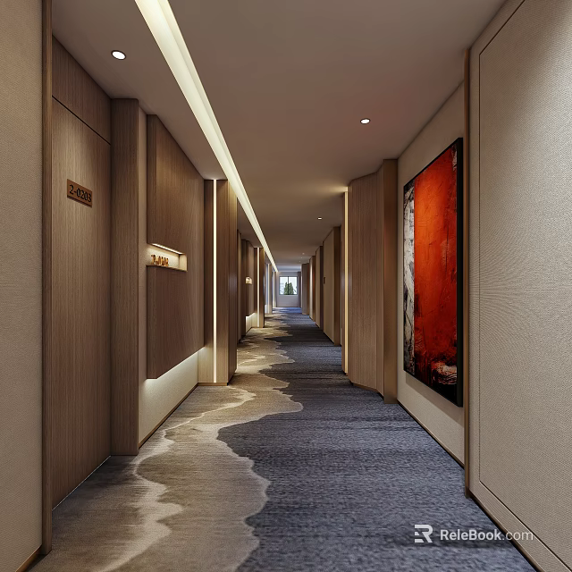 Modern Hotel Corridor With Wooden Walls Wavy Pattern Carpet Red Decorative Painting And Recessed Lighting 3d model 
