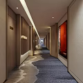Modern Hotel Corridor With Wooden Walls Wavy Pattern Carpet Red Decorative Painting And Recessed Lighting