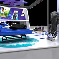 Yamaha Modern Exhibition Booth Featuring White Vehicle Blue Carpet And Purple Decorations