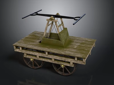 Wooden Cart With Two Wheels And Metal Lever Structure On Platform 3d model