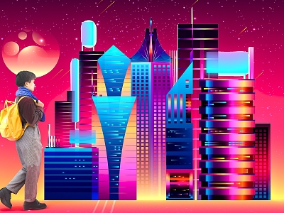 The future of technology Cyberpunk style city architecture silhouette exhibition hall wall decoration beautiful Chen 3d model