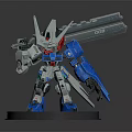 Blue And White Robot Action Figure With Red Accents And Large Sword On Display Base