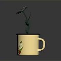 Yellow Flower Pot With Floral Patterns Holding White Daisy Plant With Green Stem And Leaves