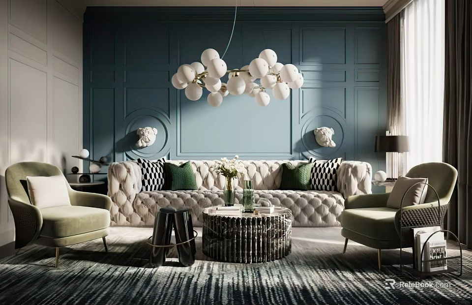 Elegant Modern Living Room Interior With Teal Paneled Wall Spherical Chandelier And Tufted Sofa 3d model 