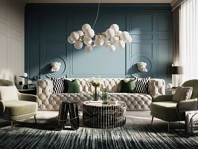 Elegant Modern Living Room Interior With Teal Paneled Wall Spherical Chandelier And Tufted Sofa 3d model