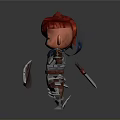 Cute 3D Cartoon Character With Red Hair Green Eyes Blue Scarf Silver Armor And Shield
