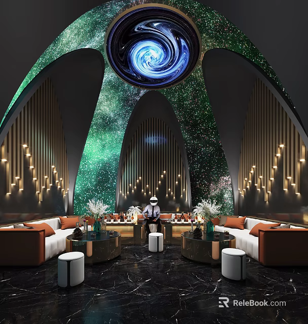 Starry Sky Ceiling Modern Lounge Interior With Curved Arches Sofa Seating And Green Backdrop 3d model 