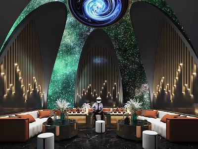 Starry Sky Ceiling Modern Lounge Interior With Curved Arches Sofa Seating And Green Backdrop 3d model