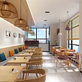 Modern Restaurant Interior With Wooden Decor Pendant Lights Colorful Cushioned Chairs And Wall Art