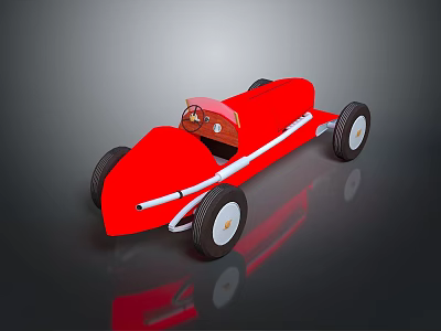 Red Toy Race Car with Wooden Body Teddy Bear in Driver Seat and Large Wheels 3d model
