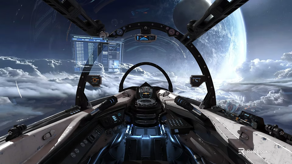 Spaceship Cockpit Interior With High Tech Dashboard Control Panels And Exoplanet Cloud View 3d model 