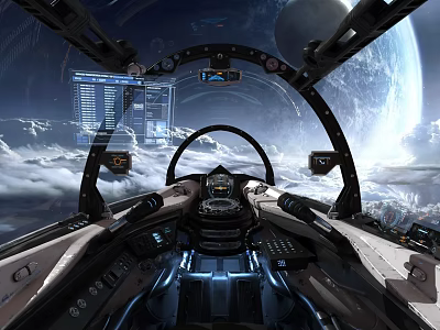 Spaceship Cockpit Interior With High Tech Dashboard Control Panels And Exoplanet Cloud View 3d model