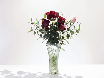 Ceramic Vase With Vertical Stripes Red Pink Roses Green Leaves On White Table 3d model