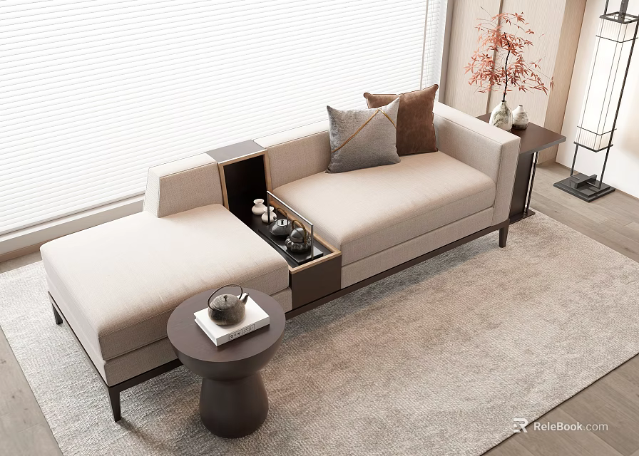 Modern Beige Chaise Lounge With Side Table Tea Set And Plant In Living Room 3d model 