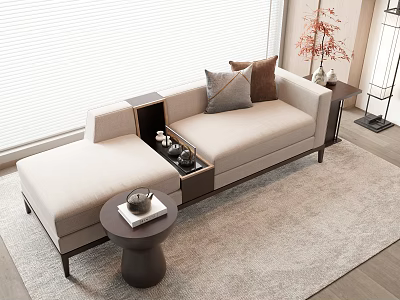 Modern Beige Chaise Lounge With Side Table Tea Set And Plant In Living Room 3d model