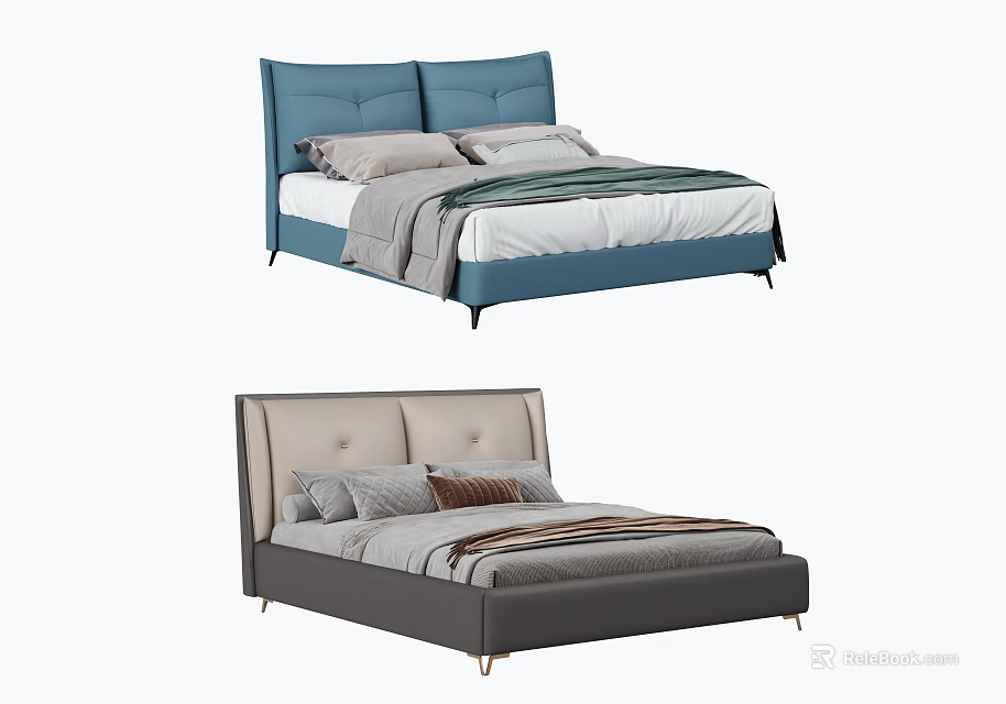 Elegant Modern Double Bed with Blue Beige Headboard Gray Bedding and Pillows 3d model