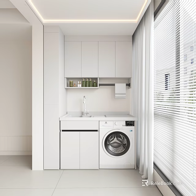 Home Balcony Interior With White Cabinets Washing Machine Sink And Blinds 3d model 
