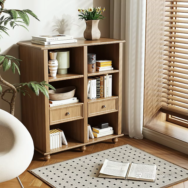 Wooden Storage Cabinet In Cozy Home Interior With Books Decor Items And Plant 3d model 