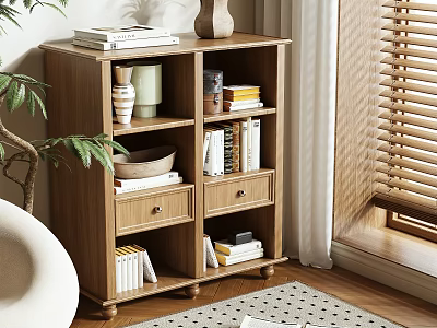 Wooden Storage Cabinet In Cozy Home Interior With Books Decor Items And Plant 3d model