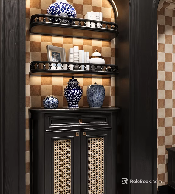 Black Cabinet with Shelves Rattan Doors Displaying Blue White Vases Books on Checkerboard Tile 3d model 