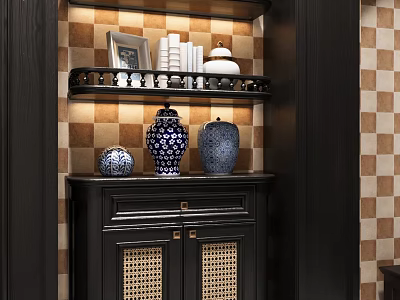 Black Cabinet with Shelves Rattan Doors Displaying Blue White Vases Books on Checkerboard Tile 3d model