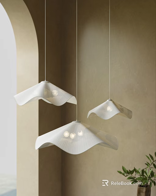 Elegant White Wave Shaped Pendant Lights With Folded Texture And Beige Wall Background 3d model