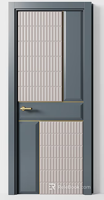 Modern Swing Door With Gray Frame Gold Handle And Textured White Panels 3d model