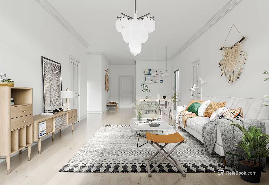 Modern Minimalist Living and Dining Room Interior With White Walls Wooden Furniture And Geometric Rug 3d model 