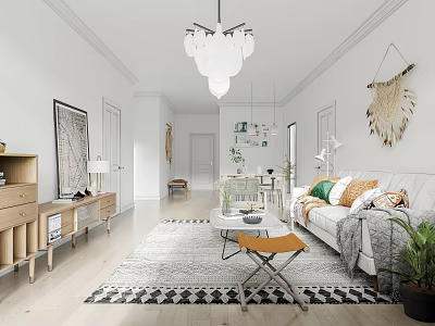 Modern Minimalist Living and Dining Room Interior With White Walls Wooden Furniture And Geometric Rug 3d model