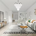 Modern Minimalist Living and Dining Room Interior With White Walls Wooden Furniture And Geometric Rug