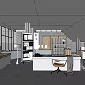 Modern Public Office Space With Large Windows Work Desk Office Chair And Shelving