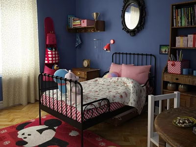 Single Bed In Blue Room With Pink Pillows Floral Bedspread And Panda Rug 3d model