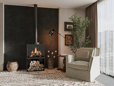 Modern Living Room Interior Design With Fireplace Armchair Geometric Rug And Green Plant Decor 3d model