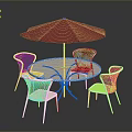 Outdoor Furniture Set With White Round Table Four White Mesh Chairs And Red Umbrella