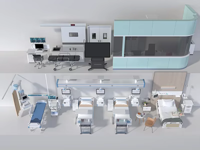 Hospital Room Interior With Medical Beds Monitoring Devices And Storage Cabinets 3d model
