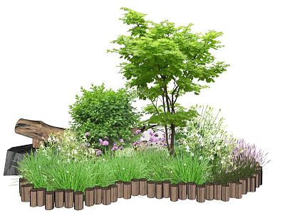 Flower Bed Planters with Green Trees Shrubs and Colorful Flowers in Garden Landscape 3d model