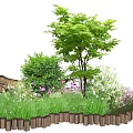 Flower Bed Planters with Green Trees Shrubs and Colorful Flowers in Garden Landscape