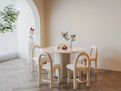 Round Light Colored Dining Table Set With Chairs Vase Fruits Green Plant And Wooden Floor 3d model