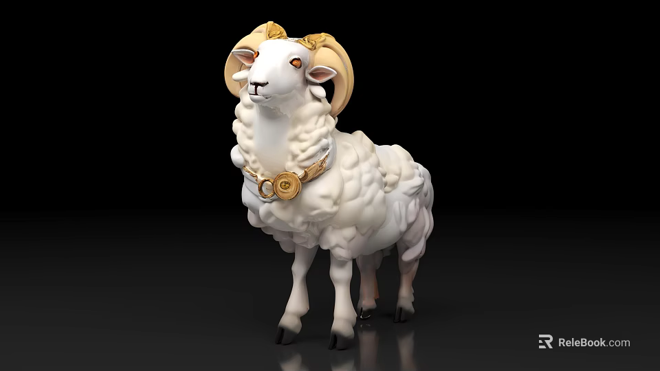 Detailed White Sheep Figurine Featuring Golden Horns And Decorative Collar 3d model 