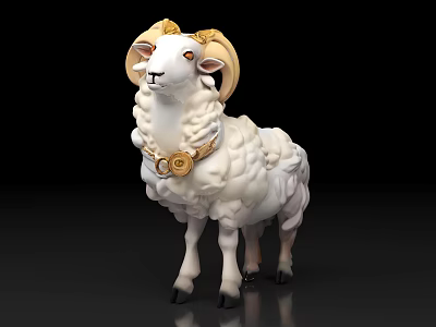 Detailed White Sheep Figurine Featuring Golden Horns And Decorative Collar 3d model