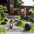 Serene Karesansui Garden With Thatched Pavilion Hanging Lanterns Zen Wall And Stone Pathway