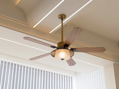 Modern Ceiling Fan With Light And Wooden Blades Golden Metal Interior Design 3d model