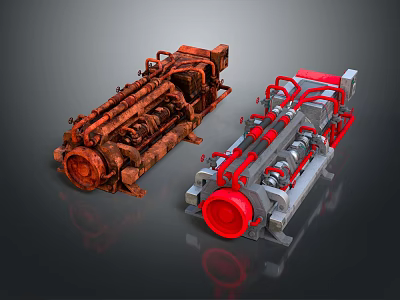 Rusted and New Mechanical Equipment Side by Side with Red Pipes and Components 3d model