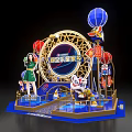 Decorative Bamin Life Carnival Art Installation with Red Blue Lanterns Rabbit Figure and Golden Frame