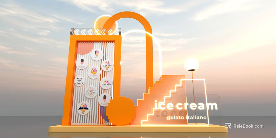 Vibrant Orange Ice Cream Display Setup With Gelato Italiano Icons And Staircase 3d model 