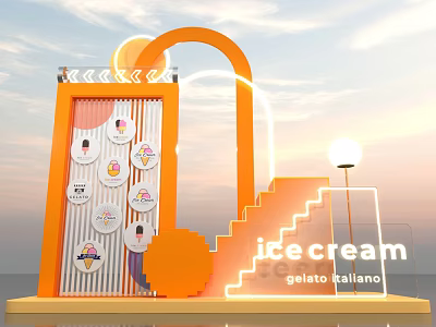 Vibrant Orange Ice Cream Display Setup With Gelato Italiano Icons And Staircase 3d model