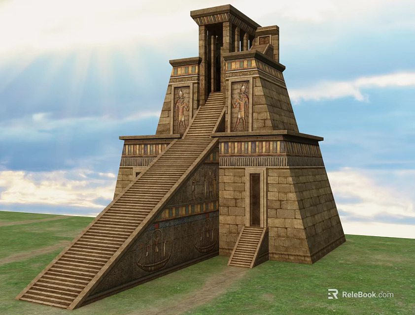 Cartoon Scene Of Ancient Pyramid With Stairs Carvings Blue Sky And Green Grass 3d model 