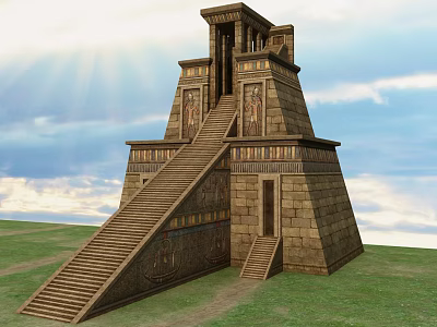 Cartoon Scene Of Ancient Pyramid With Stairs Carvings Blue Sky And Green Grass 3d model