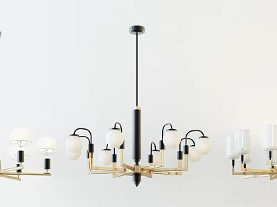 Modern Contemporary Chandelier With Gold Arms Black Rod And White Globe Shades 3d model