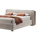 Modern Upholstered Beige Double Bed With Soft Pillows Cozy Blanket And Neat Sheets